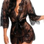 Women Lace Kimono Robe Babydoll Lingerie Mesh Nightgown S-5XL